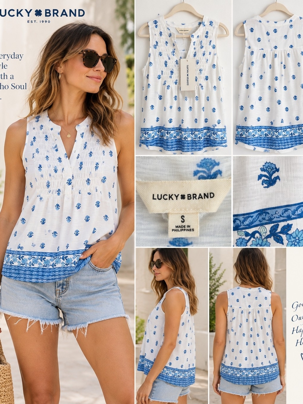 Lucky Brand Blue White Floral Smocked Sleeveless Top Size S NWT